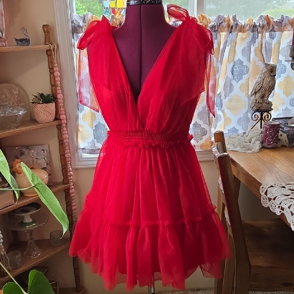 Red Sheer Mini Dress with V-Neck and Tie Shoulders